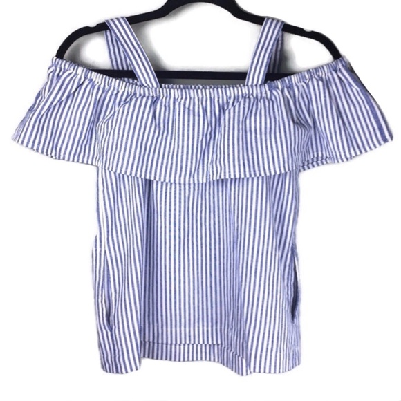 J Crew Factory Striped Flounce Cold Shoulder Linen Blend Top Size 0 - Picture 2 of 8